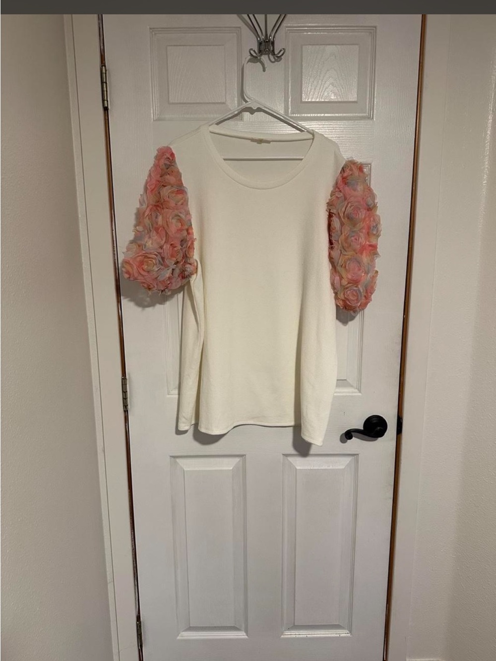 Chic Soul Cream Knit Top with Pink Floral Puff Sleeves